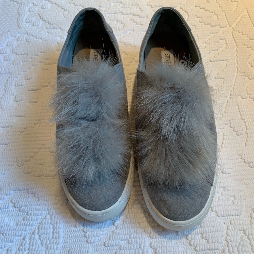 Steve Madden Grey Suede Pom Pom Slides